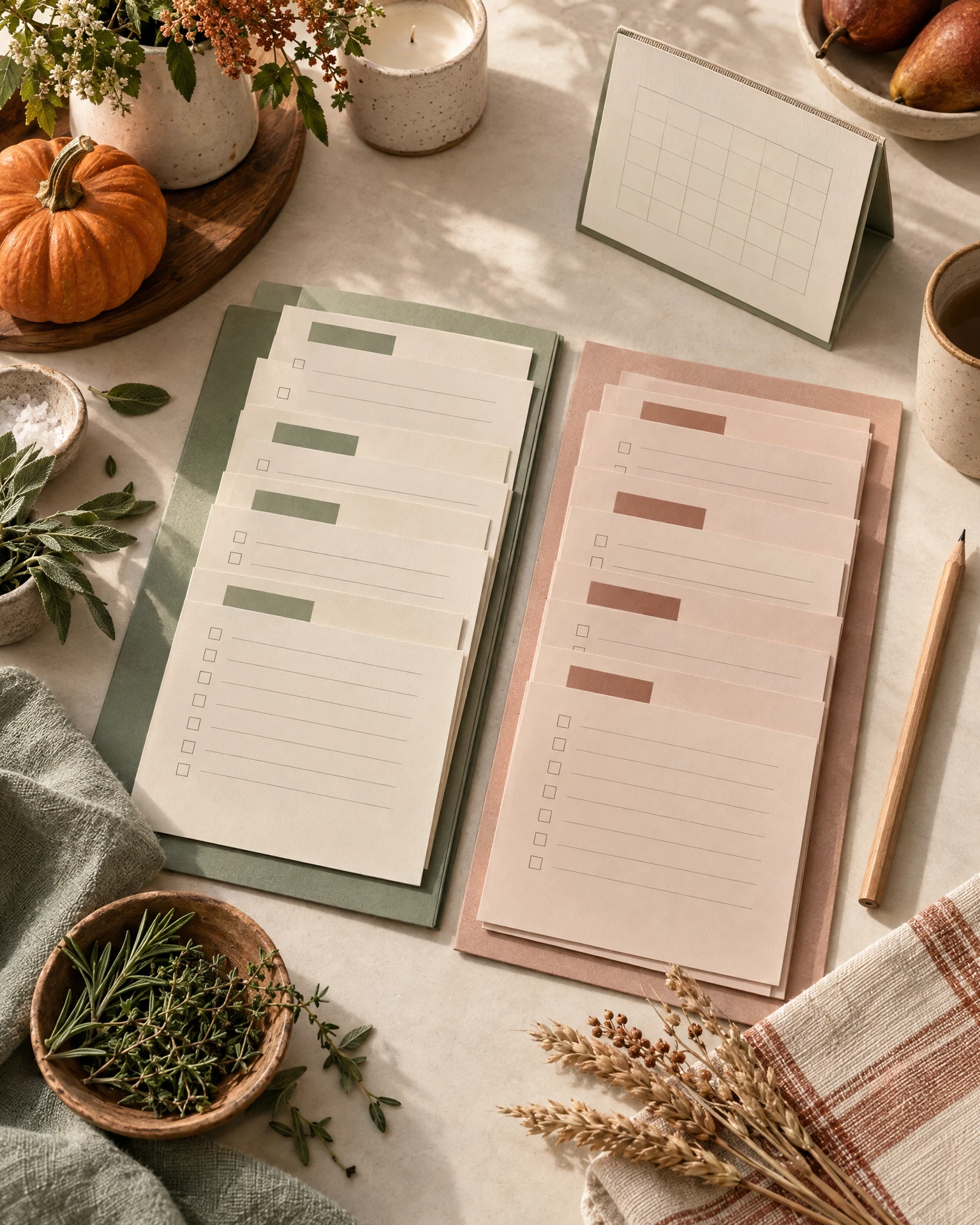 A warm tabletop still life with blank planning papers, a sage folder, pencil, linen napkin, herbs and subtle autumn accents arranged for Thanksgiving preparation.