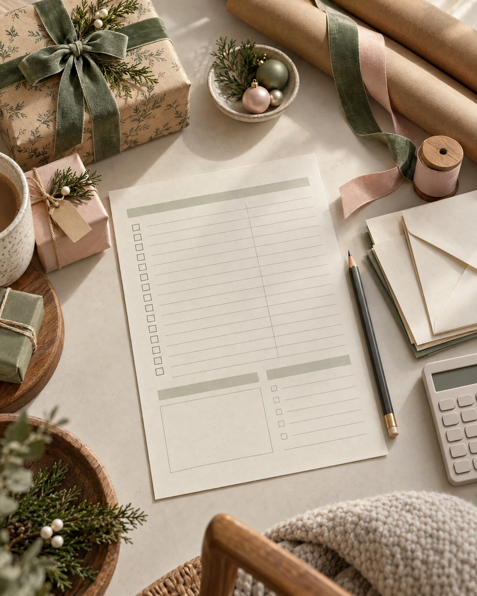 A warm stationery still life with a blank paper budget worksheet, envelopes, wrapping paper, muted sage and blush ribbon, a pencil, calculator, and small wrapped gifts on a cream tabletop.