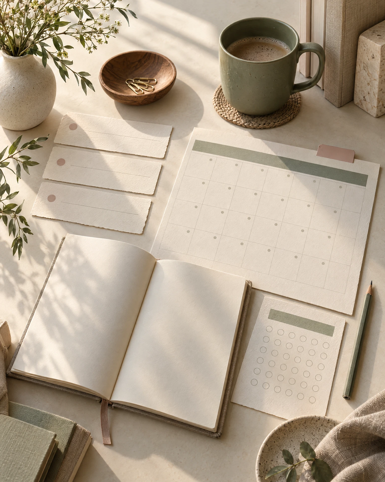 A warm stationery still life with blank cream papers, a simple workbook, an empty habit-tracker grid, pencil, and muted sage and blush desk accents in natural light.
